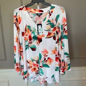 Slim Factor Investments NWT 3X Floral V Neck Tunic Blouse Top Stretch White $79